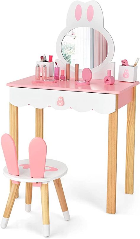 Girls Vanity Table, Rabbit Makeup, Kids Vanity Set, Dressing Table Chair, Kids Dressing Table, Girls Vanity, Mirror Drawers, Makeup Dressing Table, Multipurpose Table