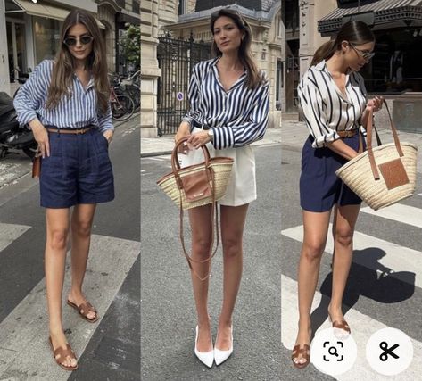 Feminine Shorts Outfit, Spring Outfits Night Out, Navy Shorts Outfit Summer, Shorts Holiday Outfit, Blue Linen Shorts Outfit, Beige Shorts Outfits Women, Blue Shorts Outfits Women, Blue Short Outfit, French Riviera Outfits