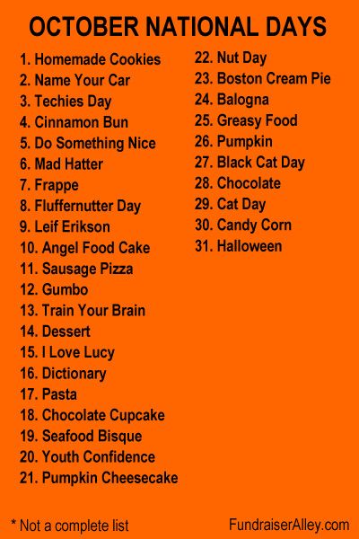 There is a celebration going on every day in October! From Homemade Cookies Day to Halloween, each day has at least one or more things to celebrate. This is not a complete list. Use ideas from National Days for fundraising opportunities. #nationaldays #octobernationaldays October Days To Celebrate, October National Days, National Celebration Days, Boujee Apartment, National Holiday Calendar, October Celebrations, Funny Holidays, Silly Holidays, Monthly Celebration