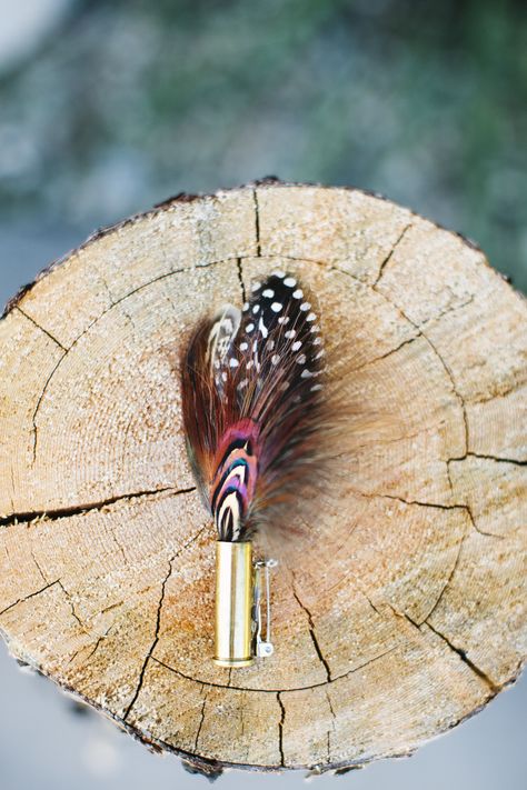 DIY Pheasant Feather, .357 Bullet-Casing Boutonniere Bullet Boutonniere, Pheasant Feather Decor, Feather Decorations, Flowers At Wedding, Boutonniere Ideas, Bullet Casing Jewelry, Diy Boutonniere, Bullet Crafts, Helena Montana