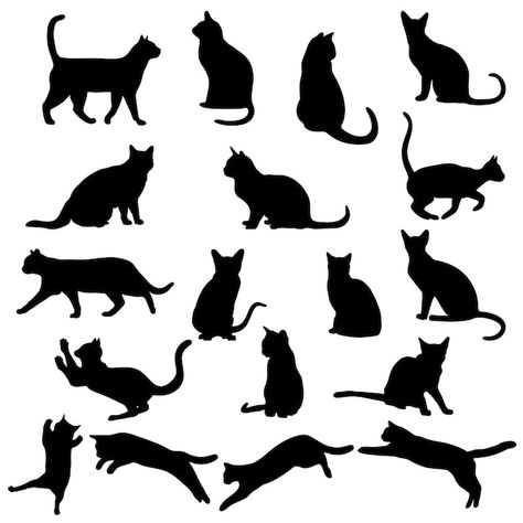 Silhouette Drawing, Silhouette Tattoos, Cat Background, Cat Reference, Cat Doodle, Silhouette Painting, Different Poses, Cat Vector, Cat Clipart