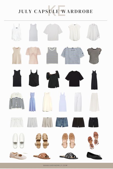 July Capsule Wardrobe #warmweathercapsulewardrobe #summercapsulewardrobe Karin Emily, Travel Capsule Wardrobe Summer, Emily Style, Spring Summer Capsule Wardrobe, Capsule Wardrobe Minimalist, 30 Outfits, Travel Capsule Wardrobe, Cruel Summer, Summer Capsule