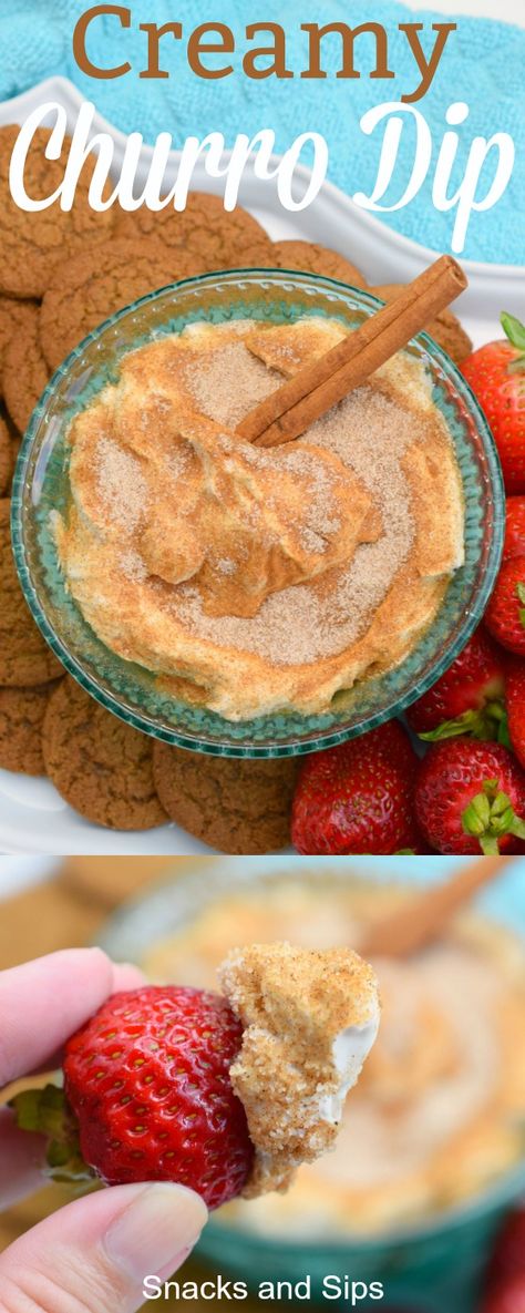 Creamy Churro Dip - Snacks and Sips Mexican Dessert Dip, Easy Dessert To Go With Mexican Food, Easy Party Recipes For A Crowd, Churro Cheesecake Dip, Dessert For Mexican Food, Easy Fiesta Food, Mexican Fiesta Party Food Desserts, Happy Hour Dessert Ideas, Mexico Party Food