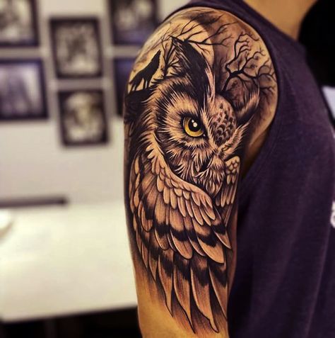 Tattoo Ideas Owl, Mens Owl Tattoo, Realistic Owl Tattoo, Owl Tattoo Sleeve, Owl Tattoo Drawings, Tattoo Guide, Vogel Tattoo, Girl Arm Tattoos, Sleeve Tattoo Ideas