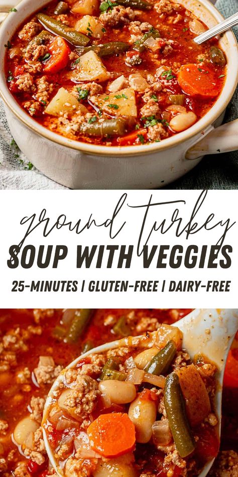 Soup season has arrived and we couldn't be happier about it. This hearty ground turkey soup is made with simple ingredients and packed with lean protein, fiber, and delicious veggies. It's a cozy, flavorful soup the whole family will love. Easy Turkey Vegetable Soup, Crockpot Soups Ground Turkey, Healthy Gf Soup Recipes, Vegetable Ground Turkey Soup, Vegetable Soup With Turkey Meat, Vegetable Soup With Protein, Ground Turkey Vegetable Soup Instant Pot, Turkey Hamburger Soup, Ground Turkey Veggie Soup