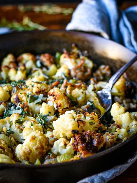 Sausage And Cauliflower Recipes, Cauliflower Sausage, Sausage Cauliflower, Sunday Roast Chicken, Healthy Pork Recipes, White Bean Recipes, Healthy Pork, Sausage Stuffing, Sage Sausage