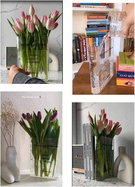 Book Case Flower Vase, Book Vase Clear, Bookend Vase, Book About Flowers, Cute Bookshelf, Cute Bookshelves, Amazon Office, Book Vase, Acrylic Vase