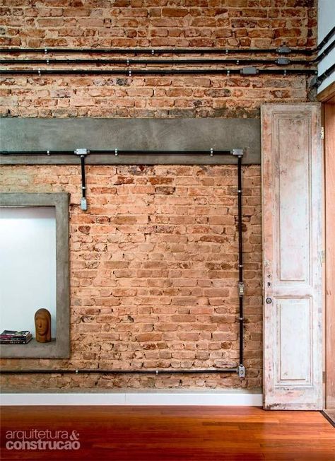 Exposed Electrical, Exposed Plumbing, Industrial Loft Design, Industrial Style Decor, Industrial Living, Industrial Interior Design, Industrial Interiors, Brick Walls, Loft Design