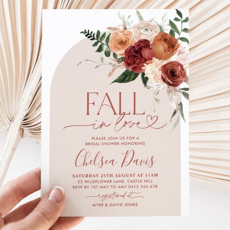 Fall In Love Floral Bridal Shower Arch Invitation Wedding Shower Boho Theme, Bridal Shower Ideas For November, Fall In Love Bridal Shower Backdrop, Bridal Shower Fall Ideas, Fall In Love Theme Bridal Showers, Falling In Love Theme Bridal Showers, Fall Floral Bridal Shower Ideas, Bridal Shower Themes October, Fall In Love Bridal Shower Invitations