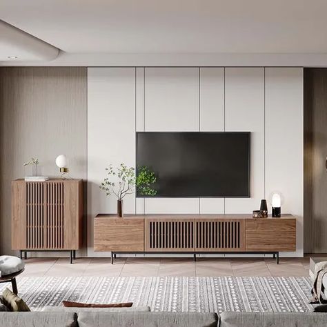 Living Room Tv Wall Mid Century, Japandi Living Room Tv Console, Walnut Wood Tv Stand, Mid Century Tv Wall Ideas, Tv Desk Living Room Modern, Midcentury Living Room Tv, Tv Wall Design Mid Century, Tv Cabinet Scandinavian, Slatted Tv Unit