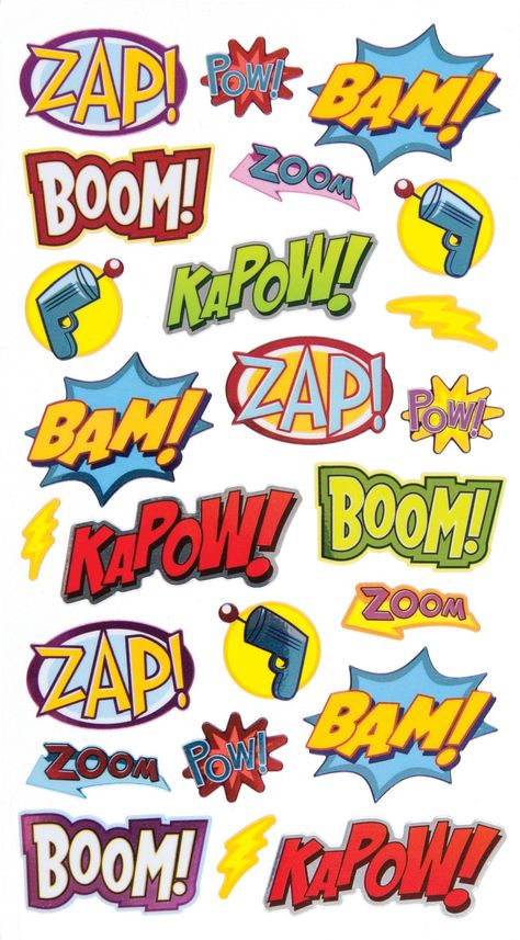 Comics Stickers, Classic Stickers, Superhero Crafts, Comic Font, Sticker Machine, Super Hero Theme, Seni Dan Kraf, Superhero Theme, Superhero Party