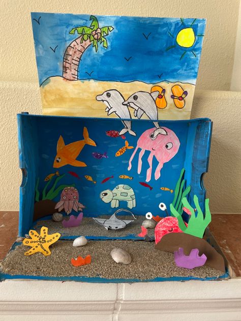 Ocean habitat- class project- DIY Dolphin Habitat Project For Kids, Ocean Habitat Shoe Box Project, Ocean Shoebox Habitat, Ocean Diorama, Habitat Activities, Biomes Project, Ocean Habitat, Habitats Projects, Ocean Projects