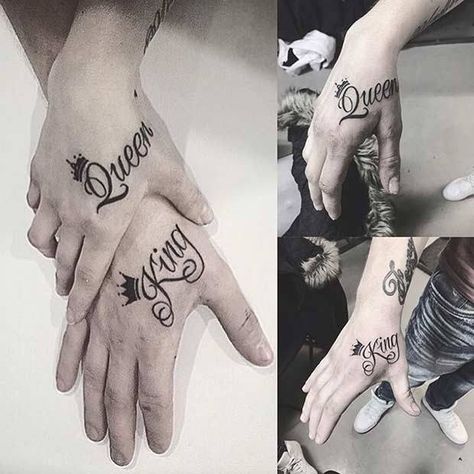 Couples Hand Tattoos, King Queen Tattoo, Pair Tattoos, Couple Tat, Him And Her Tattoos, Couple Tattoos Love, Partner Tattoos, Tattoos For Couples, Best Couple Tattoos