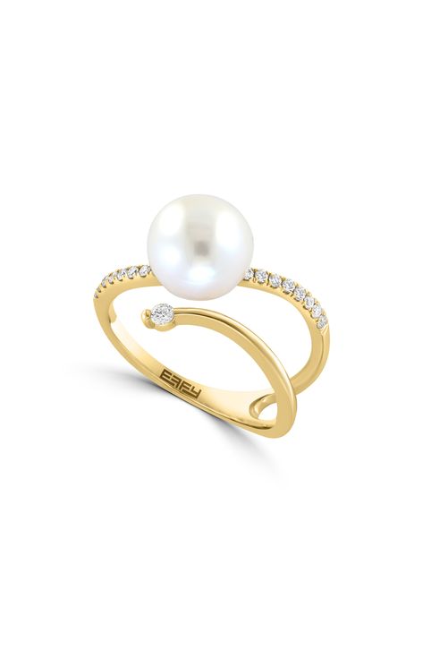 EFFY 14K Yellow Gold Diamond & Freshwater Pearl Open Ring - 0.22 ctw | Nordstromrack Pearl Diamond Ring, Ring Inspo, Pearl Cuff, Pearl And Diamond Ring, Band Design, Dope Jewelry, Mode Casual, Custom Ring, Pearl Diamond