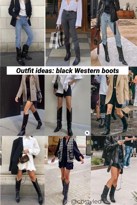 Summer Looks With Boots, Black Cowboots Outfits, Black Cowboys Boots Outfit, Styling Black Cowboy Boots Women, Fall Western Boot Outfit, How To Style Black Cowgirl Boots, Western Boots Outfit 2023, Styling Black Cowgirl Boots, Outfits With Cowboy Boots For Women Fall