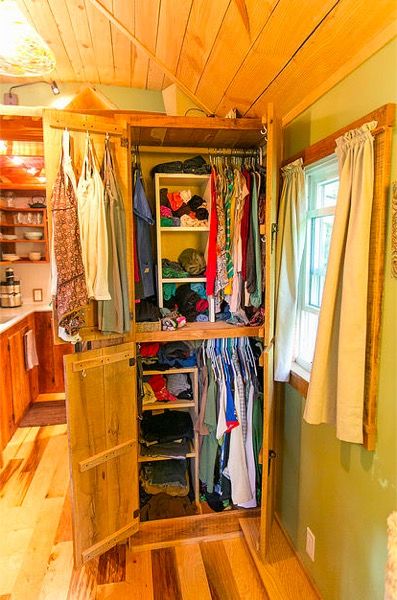 Travis-Brittany-Tiny-204-Sq-Ft-Home-011 Tiny House Closet, Tiny House Storage, Wind River, Tiny House Inspiration, Tiny House Movement, Tiny Spaces, Tiny House Interior, Tiny House Cabin, Tiny House Living