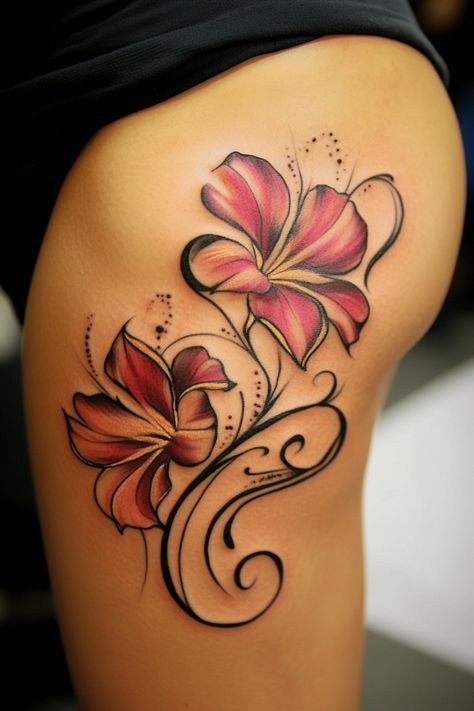 Two red and yellow flowers with black swirls tattooed on a person's thigh. Behind The Leg Tattoos For Women, Chic Tattoos For Women, Meaningful Tattoo Ideas For Women, Side Body Tattoos, Baddie Tats, Simple Tree Tattoo, Husband Tattoo, Meaningful Tattoo Ideas, Chic Tattoo