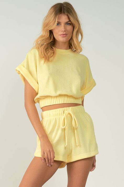 Super soft French terry shorts by Elan. Elastic Waist. Tie Front. 85% Cotton / 15% Polyester Run Small Color: Limon French Terry Shorts, Tie Shorts, Terry Shorts, Orange And Turquoise, Curvy Dress, Richmond Va, Chic Boutique, Terry Cloth, Summer Essentials