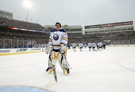 The first NHL Winter Classic was held in Buffalo, Jan. 1, 2008 Buffalo Sabres Hockey, Sabres Hockey, Ryan Miller, Nhl Winter Classic, Hot Hockey Players, Classic Photo, Hockey Baby, Hockey Game, Nhl Jerseys