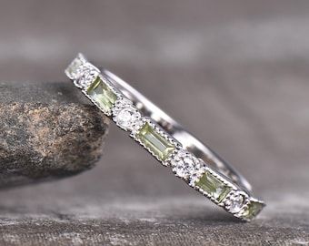 Peridot Ring Gold, Peridot Birthstone Ring, Garnet Wedding, Emerald Wedding Band, Minimalist Engagement Ring, Half Eternity Wedding Band, Engagement Ring For Her, Baguette Ring, Half Eternity Band