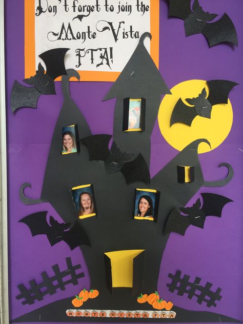 haunted house of teachers PTA membership Board. Also great to replace pictures with dates. Made by Ashley Lynn. Haunted House Bulletin Board, Haunted House Background, Pta Membership, House Background, Diy School, Halloween Background, Make School, Background Diy, Chalk Drawings