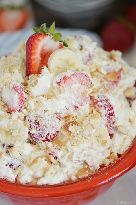 Strawberry Banana Cheesecake Salad is an amazing fruit salad! Juicy strawberries, ripe bananas and cream cheese combine for a light dessert or side dish! Cheesecake Salad Recipe, Bananas And Cream, Fruit Salad With Cream, Strawberry Banana Cheesecake Salad, Light Summer Desserts, Strawberry Cheesecake Salad, Lime Jello Salads, Fluff Salad Recipes, Orange Fluff