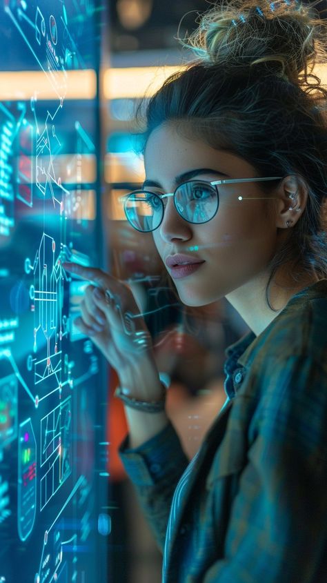 "Tech-savvy Visionary: A young, thoughtful woman engaging with #futuristicTechnology on a #highTech digital interactive display. #advancedTech #futuristicAI #digitalInnovation #aiImage #aiGenerated #stockcake ⬇️ Download and 📝 Prompt 👉 https://stockcake.com/i/tech-savvy-visionary_598189_920969" Tech Savy, Interactive Displays, It Technology, Women In Tech, Green Scenery, Interactive Display, Purple Girls, Future Tech, Tech Savvy