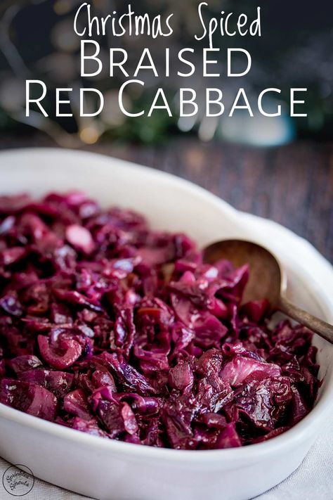 Learn how to make this simple braised cabbage recipe that is just the perfect side dish for your Thanksgiving or Christmas dinner or Sunday Roasts. With the delicious flavors of apples, brown sugar and balsamic vinegar, it is so easy to make and has no wine in it so you can serve the kids without any worries. It does have an extra special ingredient that adds so much flavor and fruity sweetness!!! #christmasdinner #sidedish Christmas Red Cabbage Recipe, Christmas Red Cabbage, Red Cabbage Christmas, Braised Cabbage And Apples, Apple Cider Braised Cabbage, Spiced Red Cabbage, Braised Red Cabbage And Apples, Winter Vegetarian Recipes, Cabbage Side Dish