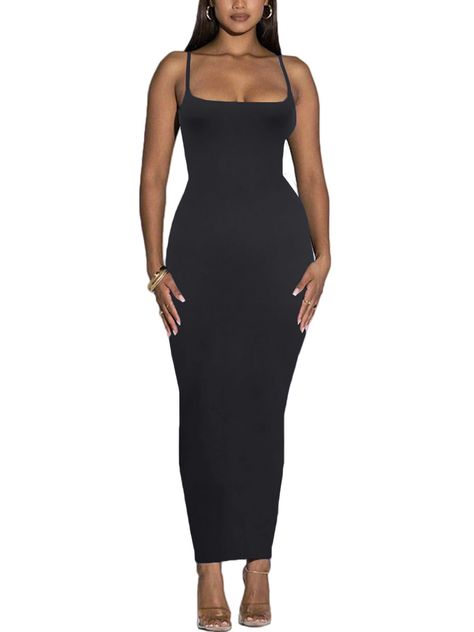 PRICES MAY VARY. Material: Polyester+Spandex. Soft, comfortable, lightweight, stretchy and form-fitting fabric Design: Maxi bodycon dress with spaghetti strap, scoop neckline, body-hugging fit and maxi length. Occasion: This spaghetti strap bodycon dress is suitable for wedding guest, graduation, cocktail, birthday, party, club, going out, date night, y2k, dinner, homecoming, rave, vacation, casual, summer. Wear and match: This Tight Dress is great to pair with high heels and fashion accessories Black Elastane Bodycon Dress With Spaghetti Straps, Casual Black Maxi Length Bodycon Dress, Black Bodycon Maxi Dress With Spaghetti Straps, Fitted Maxi Dress With Spaghetti Straps And Built-in Bra, Cocktail Birthday Party, Birthday Party Club, Graduation Cocktail, Cheap Black Bodycon Dress With Built-in Bra, Spaghetti Strap Bodycon Dress