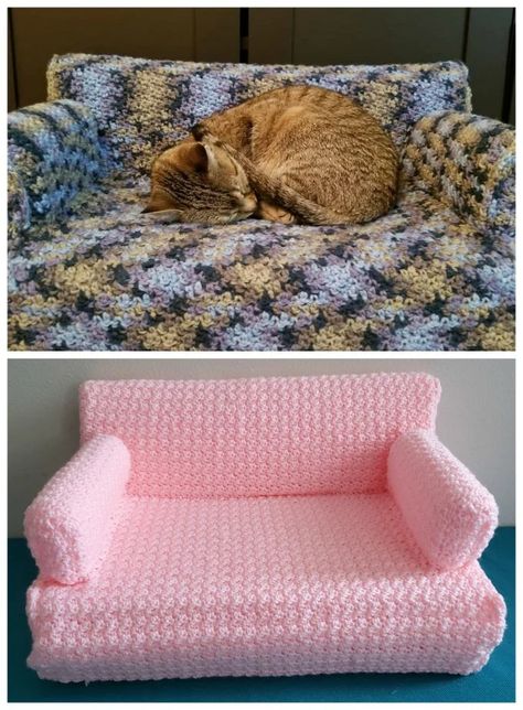 Cat Couch Crochet Pattern Free, Crochet Cat Couch Free Pattern, Crochet Cat Couch, Tiny Couch, Tiny Sofa, Cat Bed Pattern, Pet Craft, Crochet Furniture, Crochet Cat Bed