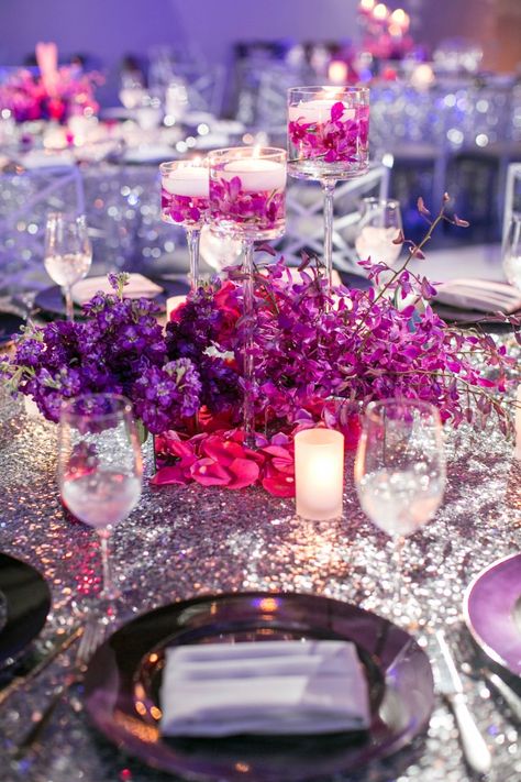 8 Ft Table, Purple Flower Centerpieces, Purple Wedding Tables, Wedding Decorations Diy Centerpiece, Tablecloth Linen, Linen Candle, Sequin Tablecloth, Sequin Table, Event Centerpiece