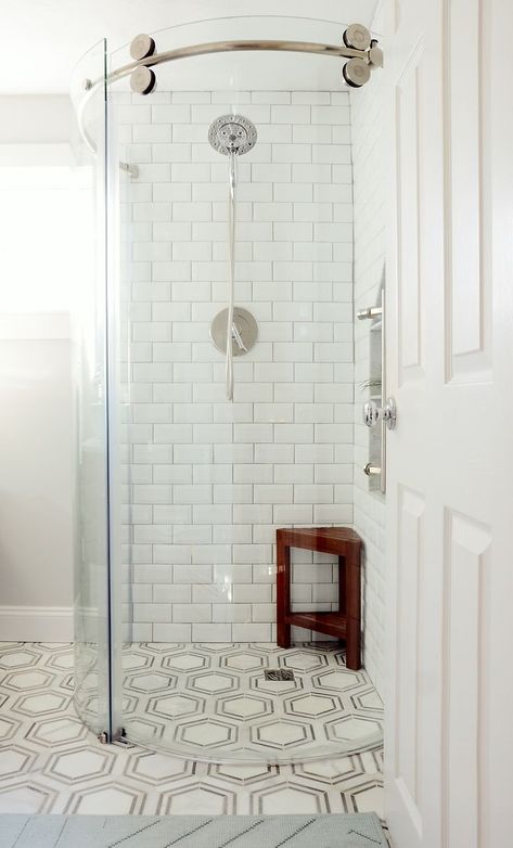 Space Saving Shower Ideas, Neo Angle Shower Ideas Master Bathrooms, Triangle Shower Bathroom, Neo Angle Shower Small Bathroom, Stand Up Shower Ideas Small, Single Shower Stall Ideas, Corner Shower Ideas For Small Bathrooms, Small Bathroom Floor Tile Ideas, Hexagon Bathroom Floor Tile