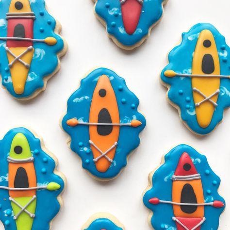 Lake Theme Cookies Decorated, Lake Cookie Ideas, Kayak Snacks, Kayak Cookies, Boat Cookies, Kayak Cake, Sports Desserts, Fishing Cookies, Transportation Cookies