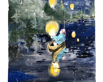 Fantasy Boat, Wish Lanterns, Woodland Art, Chinese Lanterns, Fairytale Art, Giclee Art, Giclee Art Print, Make A Wish, Free Art