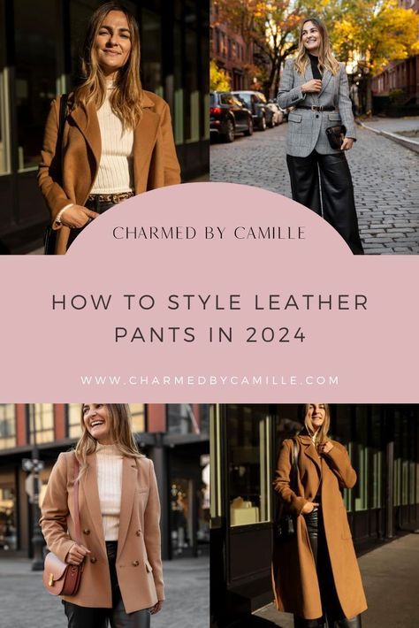 One of the hottest trends going into 2024 are leather pants! Today Charmed By Camille is sharing 13 outfit ideas to give you all the inspiration you need to style them in your own Winter wardrobe. From casual chic looks to elevated outfits, find the perfect look for your style! Follow for more winter style guides, 2024 fashion tips, and outfit ideas. Styling Straight Leg Leather Pants, Shirts To Wear With Leather Pants, Faux Leather Pants Outfit Dressy, Straight Leg Faux Leather Pants Outfit, Boot Cut Leather Pants Outfit, Leather Pants Women Outfit, Style Leather Pants Outfit Ideas, How To Style Faux Leather Pants, How To Style Leather Pants Casual