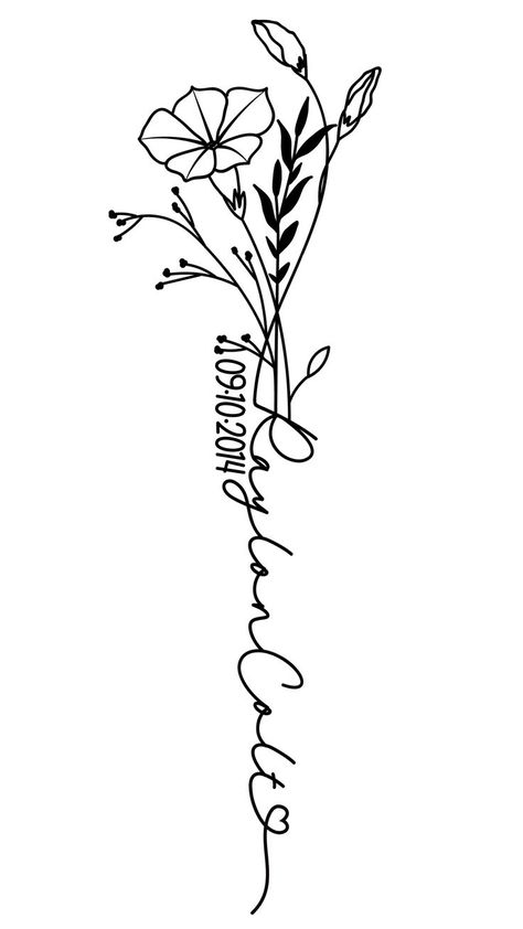 Flower With Writing In Stem Tattoo, April Birth Flower Tattoo With Name, Last Name Tattoo, Last Name Tattoos, Name Flower Tattoo, Tattoo Ticket, Name Tattoo Design, Tattoo Design For Women, Grandparents Gifts