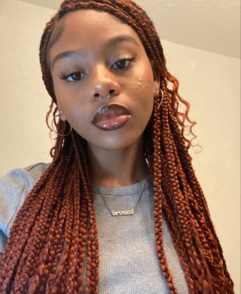 Red Ginger Box Braids, Dark Ginger Goddess Braids, Ginger Ruby Braids, Goddess Braids With Color Red, Ginger Red Knotless Braids, Ginger Brown Box Braids, Ginger Red Braids For Black Women, Maple Brown Box Braids, Golden Brown Braids For Black Women