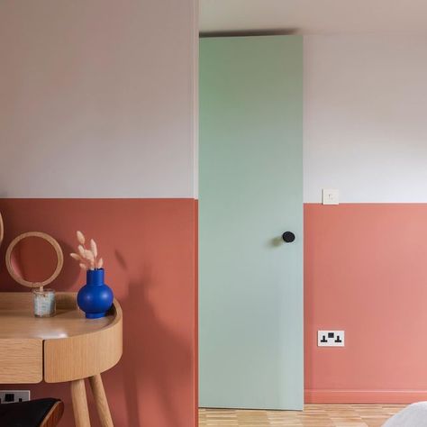 Terracotta Half Wall, Terracotta Bedroom, Brick Pillars, Half Painted Walls, London Brick, Green Hallway, Victorian Terrace House, Wall Colours, New Staircase