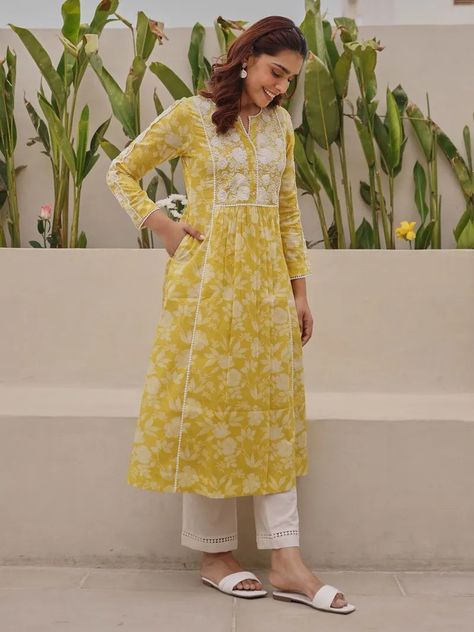 Buy Yellow Printed Cotton Embroidered Kurta | DS5852/EKO7 Daily Kurta Outfits, Hakoba Dress Patterns For Women, Yellow Kurta Woman, Nack Design For Kurti, Hakoba Dress, Designer Suits For Wedding, डिजाइनर कपड़े, Yellow Outfits, Simple Kurti