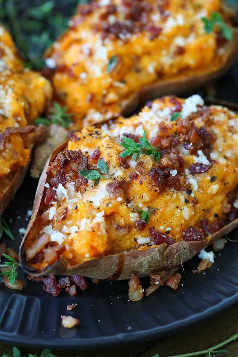 Twice Baked Sweet Potatoes have the perfect combination of sweet and salty flavors! A delicious, unique side dish for holidays and parties! Reheat Steak, Steak Recipes For Dinner, Steak Air Fryer, Savory Sweet Potato Recipes, Steak On Stove, Sweet Potato Toppings, Sweet Potato Side Dish, Sweet Potato Sides, Sweet Potato Dishes