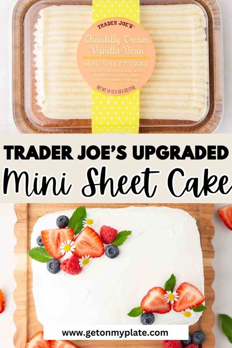 If you've ever taken a bite of any of the Trader Joe's Mini Sheet Cakes, you know they do not disappoint. But did you know that these mini cakes can be easily "upgraded" into a full-blown "gourmet" dessert?? No baking required! This Trader Joe's dessert recipe can be customized in so many ways. It's an easy no-bake dessert from Trader Joe's. It uses a Trader Joe's Vanilla sheet cake and is the most perfect, easy dessert hack. Vanilla Sheet Cake, Vanilla Sheet Cakes, Dessert Hacks, Backyard Bbq Party, Cake Hacks, Trader Joes Recipes, Birthday Party Centerpieces, Sheet Cakes, Gourmet Desserts