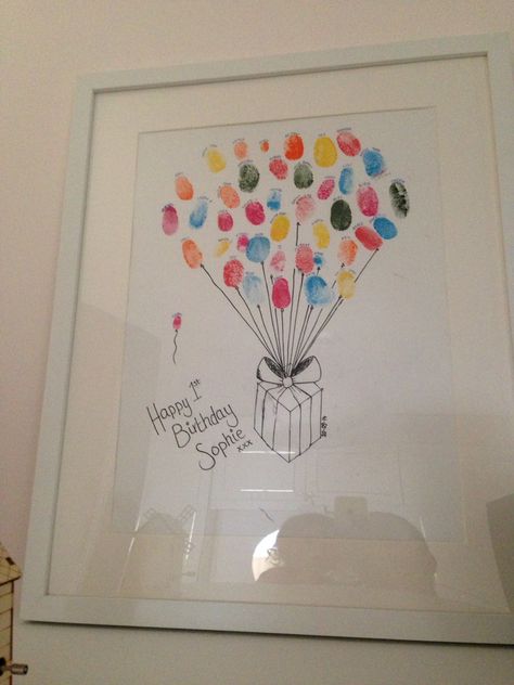 Thumb Print Birthday Cards, Fingerprint Balloon Card, 1st Birthday Painting Canvas, Balloon Fingerprint Art, First Birthday Art Project, Happy Birthday Fingerprint Art, 1st Birthday Memory Ideas, Fingerprint Balloons, Teacher Birthday Card