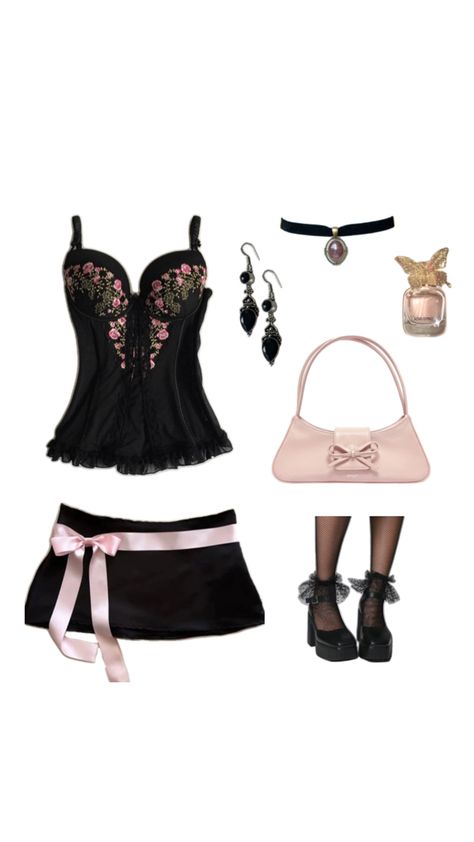 Coquette outfit with black mini skirt and floral corset, pink purse and black heels Black Skirt Outfits, Coquette Outfit, Floral Corset, Concert Fits, Pink Purse, Cute Swag Outfits, Black Mini Skirt, Corset Style, Fancy Outfits