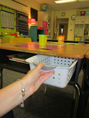 I use these little baskets as "drawers" in their desks. They put their pencil pouch and any "loose" tools in there to keep their desk nice and tidy. Classroom Photo, Class Procedures, Organizing School, Teaching Class, Classroom Seating, Classroom Hacks, Teaching Organization, Desk Drawers, Organization And Management