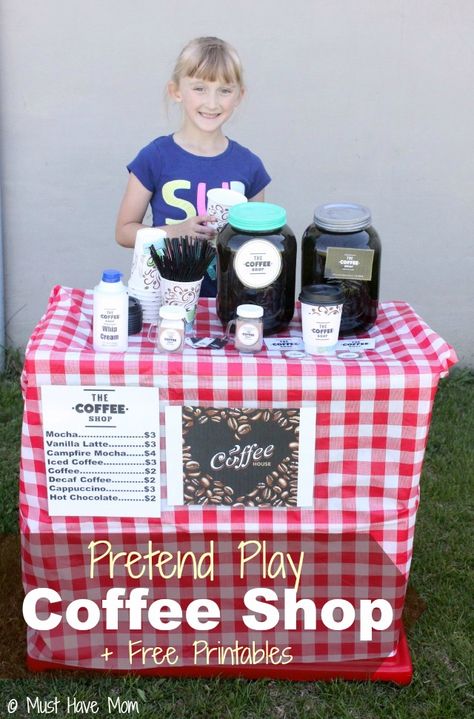 Pretend Play Coffee Shop Idea with tons of fun ideas for outdoor coffee shop setup and free printables too! Love this kids activities idea that they can play outside! Play Coffee Shop, Neon Cafe, Outdoor Coffee Shop, Pretend Play Printables, Cafe Theme, Diy Kid Activities, Purposeful Play, Community Coffee, Coffee Shop Menu