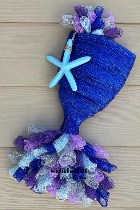 Dollar Store Mermaid Wreath, Dollar Tree Wire Mermaid Tail, Deco Mesh Mermaid Tail, Dollar Tree Mermaid Decor, Mermaid Dollar Tree Diy Decor, Dollar Tree Starfish Wreath Form Ideas, Diy Mermaid Tail Decoration, Dollar Tree Mermaid Tail Wreath Diy, Mermaid Wreath Dollar Tree