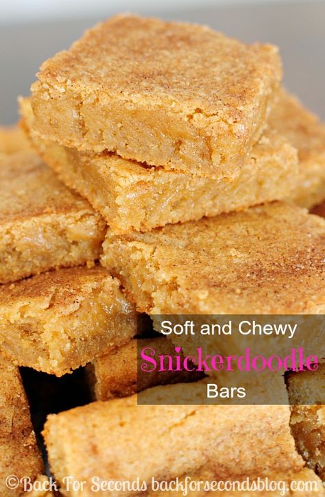 Cinnamon and sugar collide in these Soft and Chewy Snickerdoodle Bars. One bite and you'll be hooked! Perfectly chewy with a crisp sugar crackle on top. Snickerdoodle Fudge, Snickerdoodle Bars, Bars Cookies, Cookie Sandwich, Cinnamon Cookies, Bar Recipes, Dessert Bar, Eat Dessert First, Snickerdoodles