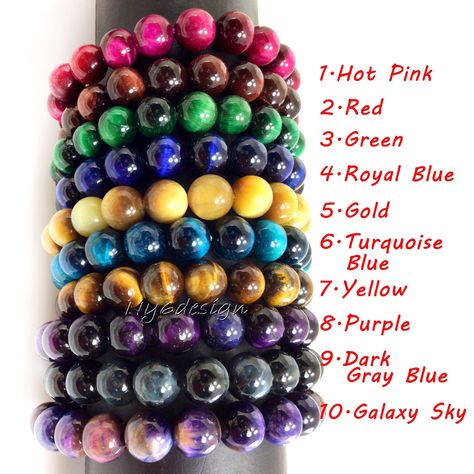 "✦Gemstone: Tiger eye / Tiger's eye / Tigers eye / Tigereye ✦Color: #1 Pink #2 Red #3 Green #4 Navy Blue #5 Gold #6 Turquoise Blue (Mystic Blue) #7 Yellow #8 Purple #9 Dark Gray Blue #10 Galaxy Sky ✦Shape: Smooth Round Beads ✦Size: 4mm, 6mm, 8mm, 10mm, 12mm ✦Average Strand Weight: < 4oz ✦QTY: 1 pc / package ♕Beautiful & High Quality Bracelet♕ Our bracelet length 7.5\", fit with a 6.75\" wrist, it is our standard size. We offer to resize bracelet 5\"-8\" to fit your wrist! If you like the differe Blue Tiger Eye Bracelet, Galaxy Sky, Tiger Eye Gemstone, Men Bracelet, Tiger Eye Bracelet, Blue Tigers Eye, Dark Turquoise, Tigers Eye Gemstone, Bracelet Women