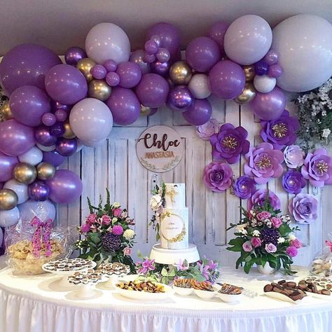 For The ❤️of Parties on Instagram: “Pretty shades of purple for this gorgeous setup! 💜 BY: @weballoonz #balloons #purple #purpleballoons #desserttable #events #desserts…” 50 Shades Of Purple Party Ideas, Purple Birthday Party Theme, Purple Birthday Party Decorations, Purple Birthday Decorations, Birthday Party Purple, Balloons Purple, Purple Party Decorations, Sweet 15 Party Ideas Quinceanera, Purple Birthday Party