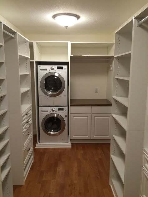 Laundry Inside Master Closet, His And Hers Closets Master Suite, Walk In Closet Design Master Suite Laundry Rooms, Washer And Dryer Master Closet, Stacked Washer Dryer In Master Closet, Bedroom Closet With Washer And Dryer, Master Bathrooms With Walk In Closets, Small Bathroom Closet Combo, Small Master Closet With Laundry